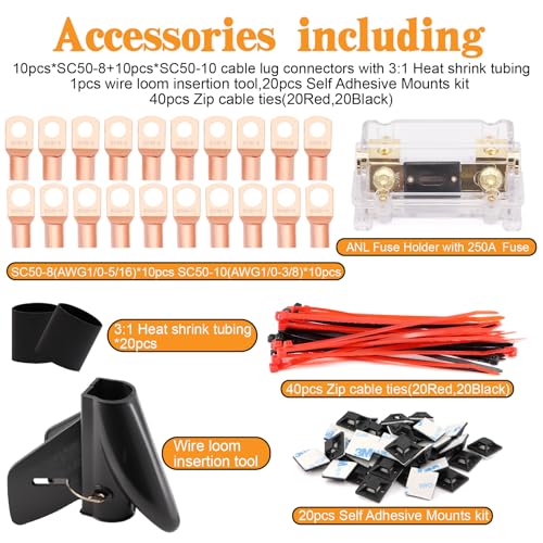 1/0 Gauge Wire CCA Power/Ground Cable 40FT Black/Red with lugs,250A ANL Fuse,1/2 inch Cable Split Sleeving,Self Adhesive Mounts Zip Ties kit - color: W/ Wire Loom kit