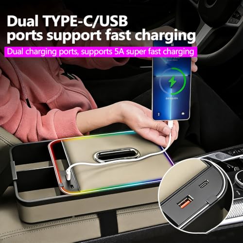 Car Armrest Storage Box with LED Ambient Light, USB/PD Fast Charging, Eco-Friendly Microfiber Leather Tissue Holder, Multifunction Center Console Organizer for Cars, SUVs, and Trucks (Beige)