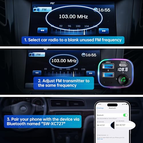 Syncwire Bluetooth 5.4 FM Transmitter Car Adapter 48W(PD 36W & 12W) [Light Switch] [Hi-Fi Deep Bass] [Fast Charging] Wireless Radio Music Adapter LED Display Hands-Free Calling Support USB Drive - color: Dark Blue, style: 48W