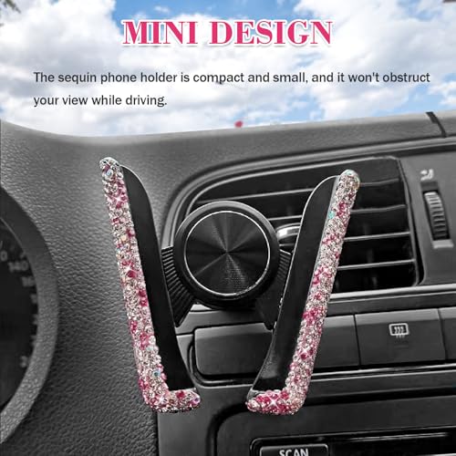 Bling Rhinestone Car Phone Holder, Mini Universal 360° Adjustable Auto Mount For Dash & Air Vent, Crystal Car Accessories For Women & Girls (Pink) - color: Pink