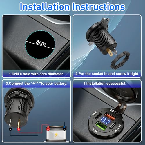 Qidoe 2Pack 12V-40V USB Outlet with Voltmeter, High Voltage 66W 4 Port Dual USB C PD 30W & Dual QC3.0, Waterproof Car Charger for RV Boat Marine Truck Car