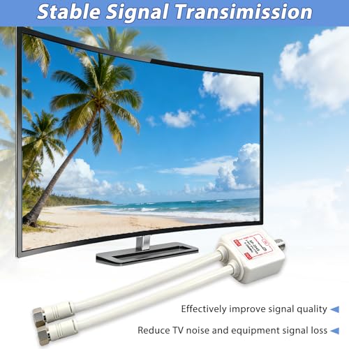 2-Way coaxial Cable Splitter, 5-2500MHz CATV Splitter with 6” RG6 Coaxial Cable and 2 Coax Connectors, for Pass Power to LNB, Improve TV Satellite Antenna Signal Quality, Corrosion Resistant - size: 6 inch