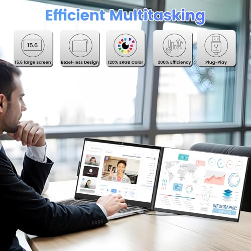 Teamgee 15.6" Laptop Screen Extender, Slim & Lightweight Portable Monitor for Laptop (Fits 13-17"), Full HD IPS, 360° Rotating Stand, USB-C Plug & Play, RGB Lighting, Thin Bezels - size: 15.6"
