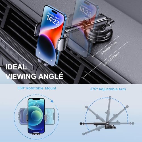 Phone Mount for Car Phone Holder [Military-Grade Suction & Stable Clip] Car Phone Holder Mount Windshield Dashboard Air Vent Universal Automobile Mount Fit Shower & Wall Mounts iPhone