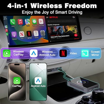 4-in-1 Wireless CarPlay & Android Auto Adapter, Screen Mirroring & HDMI Output for Cars with OEM Wired iPhone/Android, Plug & Play - color: Black