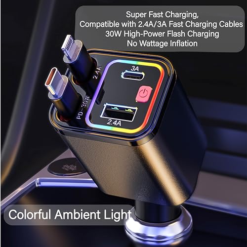 4-in-1 Retractable 30W Fast Car Charger, Dual USB-C Lightning Cable, 180° Adjustable Ambient Light 12V-24V