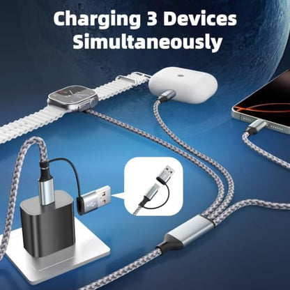 Travel Essentials 3 in 2 Multi Charging Cable for iWatch Charger/iPhone17-8 - color: Greywhite, size: 1Pack 5FT
