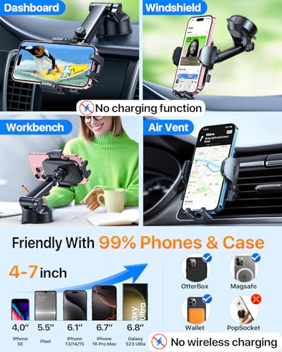 HTU Car Phone Holder【2026 Upgraded 100+LBS Suction & Safety Cert】 Cell Phone Car Mount for Truck Heavy Duty Phone Holder for Dashboard/Windshield/Vent for iPhone 17 16 Pro Max, Red - color: Red