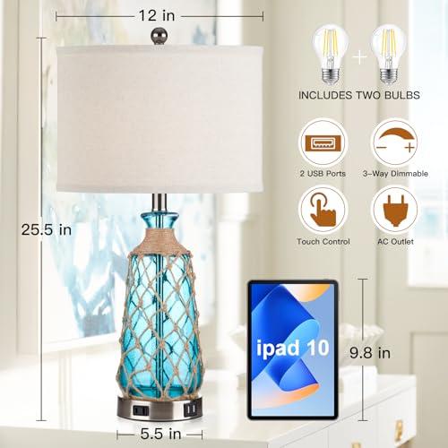 Ruzectt 25.5" Coastal Glass Table Lamps Set of 2, 3-Way Dimmable Touch Control Bedside Lamps with 2 USB Ports and AC Outlet, Blue Nautical Nightstand Lamps for Bedroom Living Room (LED Bulbs Included) - color: Teal