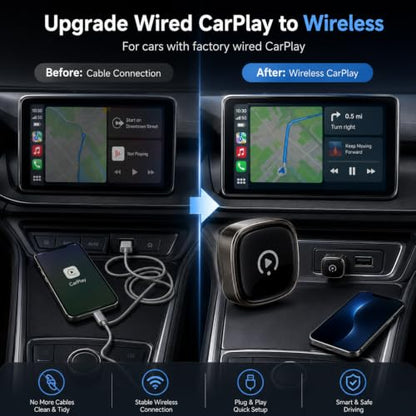 Wireless CarPlay Adapter, Mini Apple CarPlay Wireless Dongle for Factory Wired CarPlay Cars, 5GHz WiFi & Bluetooth Plug & Play Auto-Connect