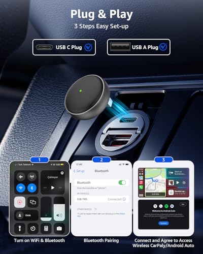2-in-1 Wireless CarPlay & Android Auto Adapter, 50% Smaller, Converts Wired to Wireless, Zero Latency, Auto-Connection, Plug & Play Adapter for Apple iPhone iOS 10+ & Android 11+