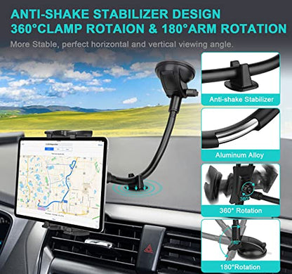 Car Dashboard Windshield Tablet Mount, 13" Long Arm Gooseneck, 360° Flexible Window Suction Cup Holder for Truck SUV, for iPad Pro 12.9/11/10.5/9.7/Air/Mini 6 5 4, Galaxy, 4.7"-12.9" Tab&Phone