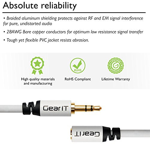 15ft 3.5mm Extension Cable, GearIT 2-Pack Pro Series Preminun Gold Plated 15 Feet 3.5mm Auxiliary Audio Stereo Extension Male to Female Cable, White - color: White, size: 15 Feet (2-Pack)