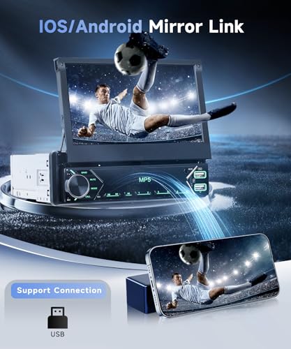Single Din Flip Out Car Radio with Bluetooth iOS/Android Mirror Link,7 Inch Touch Screen Car Stereo 1 Din with Backup Camera Bluetooth Hands-Free FM Radio USB EQ AUX TF Steering Wheel Control - style: Manual Retractable Screen with Mirror Link