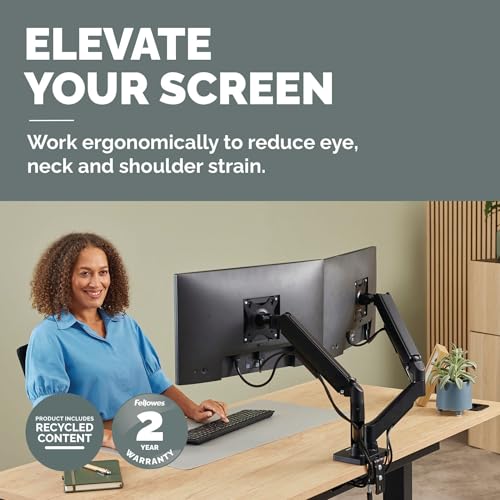 Fellowes Everyday Plus Dual Gas Spring Monitor Arm Holds Two Screens up to 32" Weighing 4.4-19.84 lbs ea, Height Adjusting, Tilt, Swivel, Rotate, VESA 75/100, Clamp or Grommet Mount, Cable Management - style: Everyday Plus Dual Arms