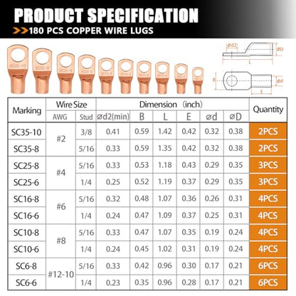 mankk 180PCS Copper Wire Lugs with Tool AWG 2 4 6 8 10 12 14 16 Gauge Battery Terminal Connectors Battery Cable Ends Connectors Copper Ring Terminal Kit with Heat Shrink - color: 180PCS+Tool