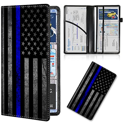 Car Registration and Insurance Card Holder, Premium Leather Vehicle Wallet Cover for Glove Box Car Organizer Drivers License / Cards / ID - Essentials Document Holder, Thin Blue Line American Flag - color: Thin Blue Line American Flag