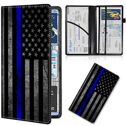 Car Registration and Insurance Card Holder, Premium Leather Vehicle Wallet Cover for Glove Box Car Organizer Drivers License / Cards / ID - Essentials Document Holder, Thin Blue Line American Flag - color: Thin Blue Line American Flag