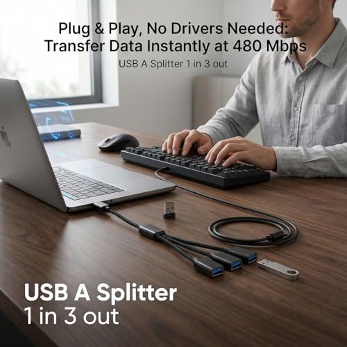 USB Splitter 1 in 3 Out, USB A Splitter Adapter, 2026 Upgraded USB 2.0 Male to 3 Female Y Extension Hub Cable for PC/Laptop/Xbox/Flash Drive/Mouse/Keyboard(Black)