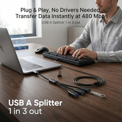 USB Splitter 1 in 3 Out, USB A Splitter Adapter, 2026 Upgraded USB 2.0 Male to 3 Female Y Extension Hub Cable for PC/Laptop/Xbox/Flash Drive/Mouse/Keyboard(Black)