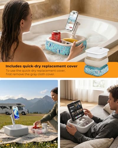 Viozon Kindle Stand Holder, Tablet Phone Holder, 2-in-1 EPP Foam Floating Bathtub Caddy with Detachable Snack Bowl, 360° Mount for Bed/Sofa, Compatible with iPad iPhone Kindle 4.7-13" Devices