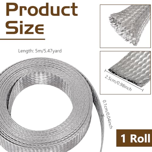 NBEADS 16.4ft 304 Stainless Steel Braided Cable Sleeve, 0.98 Inch Wide Stainless Steel Color Flat Tinned Braided Ground Wire Mesh, Flexible Shielding Sleeve for Cables - size: 16.4ft X 0.98 Inch