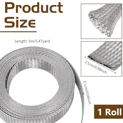 NBEADS 16.4ft 304 Stainless Steel Braided Cable Sleeve, 0.98 Inch Wide Stainless Steel Color Flat Tinned Braided Ground Wire Mesh, Flexible Shielding Sleeve for Cables - size: 16.4ft X 0.98 Inch
