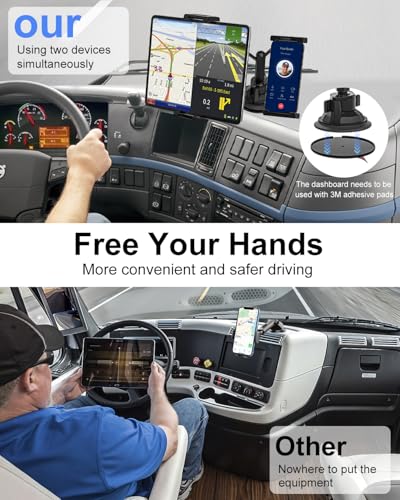 Heavy Duty Dual Tablet Holder for Car/Truck [Metal Arm] Dashboard Windshield Double Mount for Vehicle Dash Suction Stand for iPad Pro/Air/iPhone, 5.5-15.6" Tablets Phone