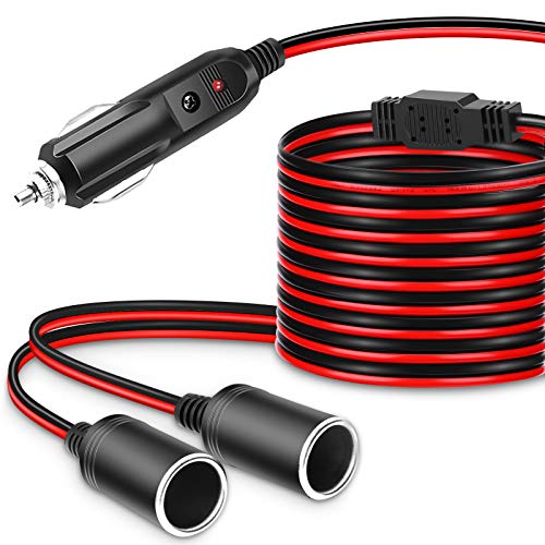 ELECTOP 1 to 2 Car Cigarette Lighter Splitter Adapter Power Charger Port, 6Ft Cigarette Lighter Extension Cord Cable 16AWG UL Wire, 12V 24V Plug Socket 2-Way Splitter Y Adapter with 15A Fuse