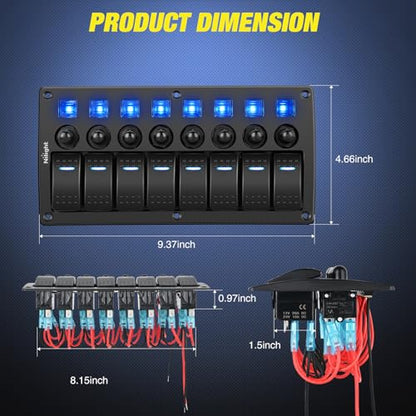 Nilight 8 Gang Rocker Switch Panel w/Circuit Breaker Pre-Wired - color: Blue, size: 8 Gang (No USB)