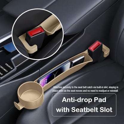 Car Seat Gap Plug with Storage Slot, Auto Gap Filler Organizer with Cup Holder, Universal Carseat Side Gap Filler Strip 2 Pack Between Front Seats & Console, Anti-Drop Pad with Seatbelt Holes, Beige - color: Beige, Cup Holder & Hook