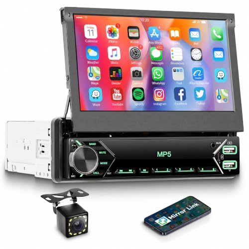 Single Din Flip Out Car Radio with Bluetooth iOS/Android Mirror Link,7 Inch Touch Screen Car Stereo 1 Din with Backup Camera Bluetooth Hands-Free FM Radio USB EQ AUX TF Steering Wheel Control - style: Manual Retractable Screen with Mirror Link