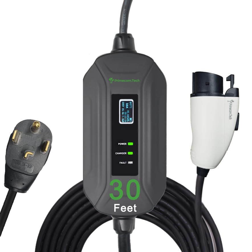 PRIMECOM Level 2 Electric Vehicle (EV) Charger (220V / 240Volt, 16Amp) Portable EVSE Smart Electric Car Charger, 30', 40', and 50 Feet Lengths (30 Feet, 14-30P) - color: 14-30P, size: 30 Feet