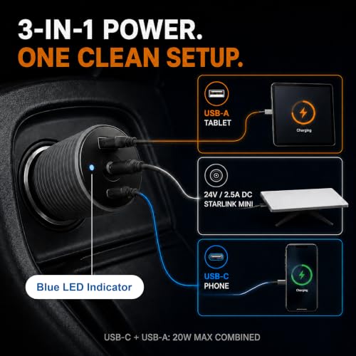 60W Starlink Mini Car Adapter, 24V Step Up Converter, Dual USB & DC Ports