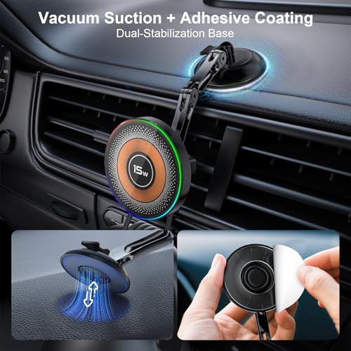 ZBF Magnetic Phone Holder for Car,15W Wireless Fast Charging for MagSafe Car Mount Vacuum Suction Cup Dashboard Windshield Phone Mount for Car 360°Adjustable Magnetic Mount for Women Men iPhone 17/16 - style: Upgraded Mount