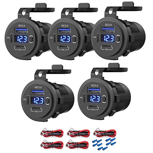 Zennova, 5 Pack USB C Charging Adapter, 58W 12v Outlet with PD USB C & QC 3.0 Ports, Waterproof, Voltmeter, Power Switch for Car, Golf Cart, Boat, Marine, Bus, Truck, RV, Motorcycle - color: 2PD+1QC