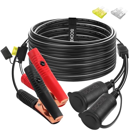10ft / 3.05m 14 AWG Extension Cord Dual Plug Socket with Battery Clamp 12V/ 24V Battery Clip-On and Cigarette Lighter Adapter