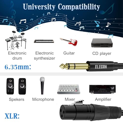 Elecan 6.35mm (1/4 Inch) TRS Male to XLR Female Cable 6 Ft, Balanced Professional Shielded Stereo Microphone Cable Cord, Gold Plated for Mixer AMP Speaker Amplifier with 6.35 to 3.5mm Adapter+Ties - size: 6FT, style: 6.35mm to XLR Female