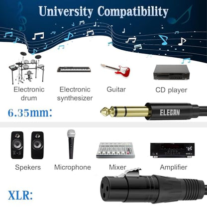Elecan 6.35mm (1/4 Inch) TRS Male to XLR Female Cable 6 Ft, Balanced Professional Shielded Stereo Microphone Cable Cord, Gold Plated for Mixer AMP Speaker Amplifier with 6.35 to 3.5mm Adapter+Ties - size: 6FT, style: 6.35mm to XLR Female