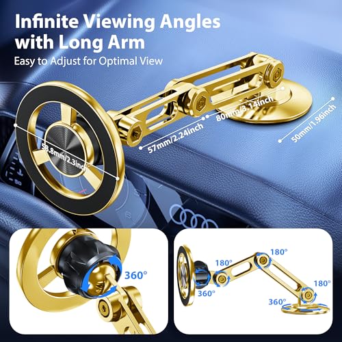 Ultra Magnetic Long-Arm Phone Holder Stand, Fits for MagSafe Car Mount Bracket【Windshield+Vent+Dash】, 360° Rotation Adjustable Strong Magnets Car Mount Desk Office Phone Cradle Holder, Gold - color: Gold