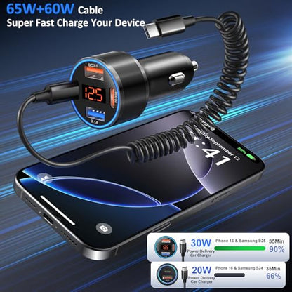Car Charger USB C, 65W Multi Port Dual 12V Cigarette Lighter USB Charger - color: Black, size: 1-Pack