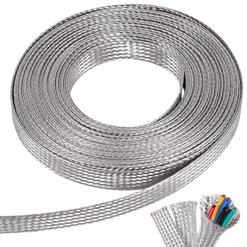 NBEADS 32.8ft 304 Stainless Steel Braided Cable Sleeve, 0.59 Inch Wide Stainless Steel Color Flat Tinned Braided Ground Wire Mesh, Flexible Shielding Sleeve for Cables - size: 32.8ft X 0.59 Inch