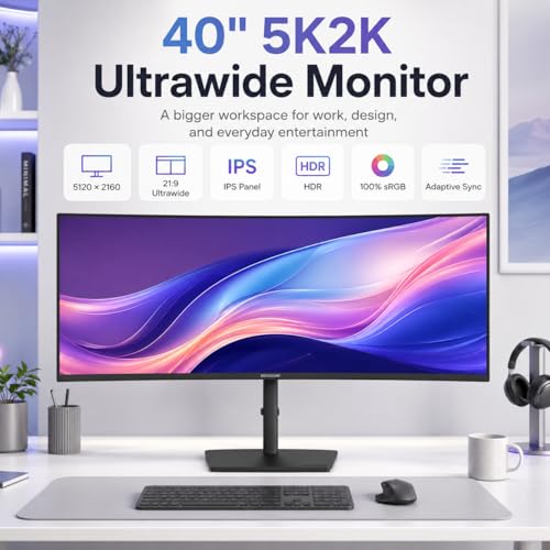 Deco Gear 40 inch Curved 5K2K Ultrawide Monitor, 5120x2160 WDQHD 21:9 IPS, Adaptive Sync, 75Hz USB-C 90W PD, 2500R 1ms MPRT, HDMI 2.0, DP 1.4, KVM, PIP/PBP, HDR, Speakers, Audio Out, Adjustable Stand - size: 40 Inch-75