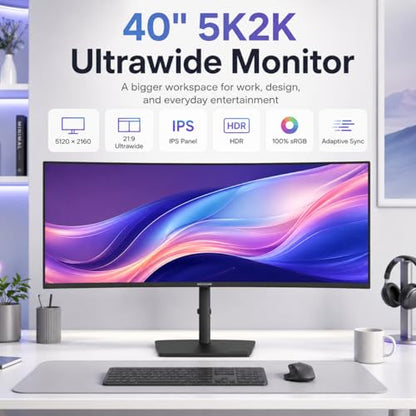 Deco Gear 40 inch Curved 5K2K Ultrawide Monitor, 5120x2160 WDQHD 21:9 IPS, Adaptive Sync, 75Hz USB-C 90W PD, 2500R 1ms MPRT, HDMI 2.0, DP 1.4, KVM, PIP/PBP, HDR, Speakers, Audio Out, Adjustable Stand - size: 40 Inch-75