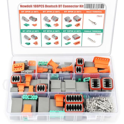 Newdeli Deutsch Connector Kit 188Pcs 12 Sets 2 3 4 6 8 12 Pin Connectors with Size 16 Stamped Contacts 14-20AWG DT Series Sealed Waterproof Automotive Electrical Wire Connectors - size: DT Connector 188 Pcs Multi-Pin Kit