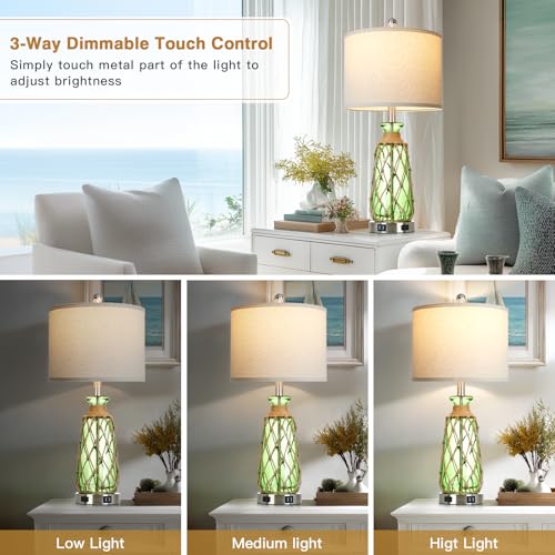 Ruzectt 25.5" Green Glass Table Lamps Set of 2, 3-Way Dimmable Touch Control Bedside Lamps with 2 USB Ports and AC Outlet, Coastal Nightstand Lamp for Bedroom Living Room (LED Bulbs Included) - color: Green