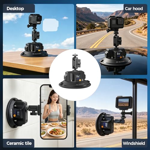 4.5" Electric Camera Suction Cup Mount with Ball Head Arm & Adapter, Heavy-Duty Metal Car Mount for Camera/Action Camera/Phone, 50KG Suction for Car Windshield/Boat/Window, 1/4" 3/8" Threads - size: 4.5 inch