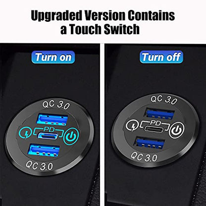 12V USB C Car Charger Socket 2 Pack, Qidoe 56W Aluminum Socket 12V USB Outlet 20W PD3.0 USB-C and Dual QC3.0 Ports with Touch Switch Waterproof DIY USB Port for Car Boat RV Motorcycle Truck Golf Cart