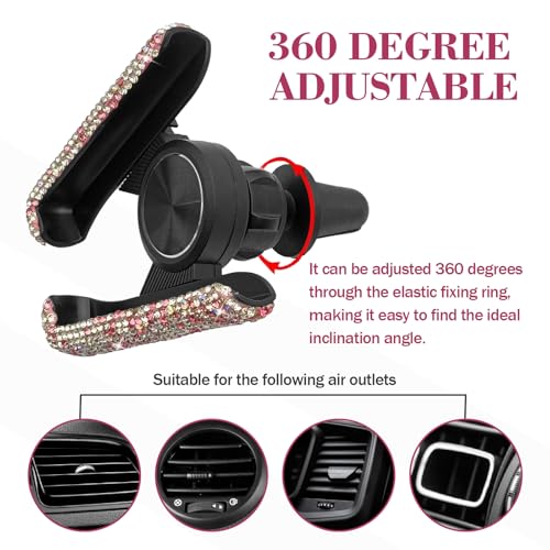 Bling Rhinestone Car Phone Holder, Mini Universal 360° Adjustable Auto Mount For Dash & Air Vent, Crystal Car Accessories For Women & Girls (Pink) - color: Pink
