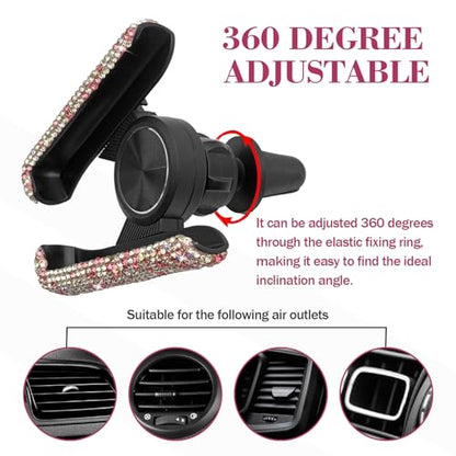 Bling Rhinestone Car Phone Holder, Mini Universal 360° Adjustable Auto Mount For Dash & Air Vent, Crystal Car Accessories For Women & Girls (Pink) - color: Pink